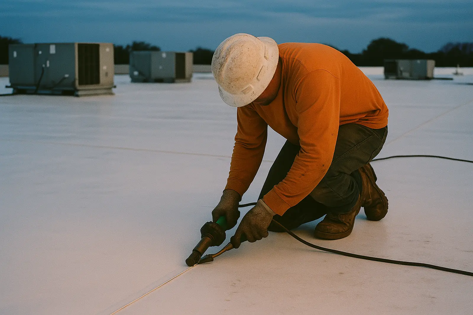 Crew welding a white membrane seam on a flat commercial roof
