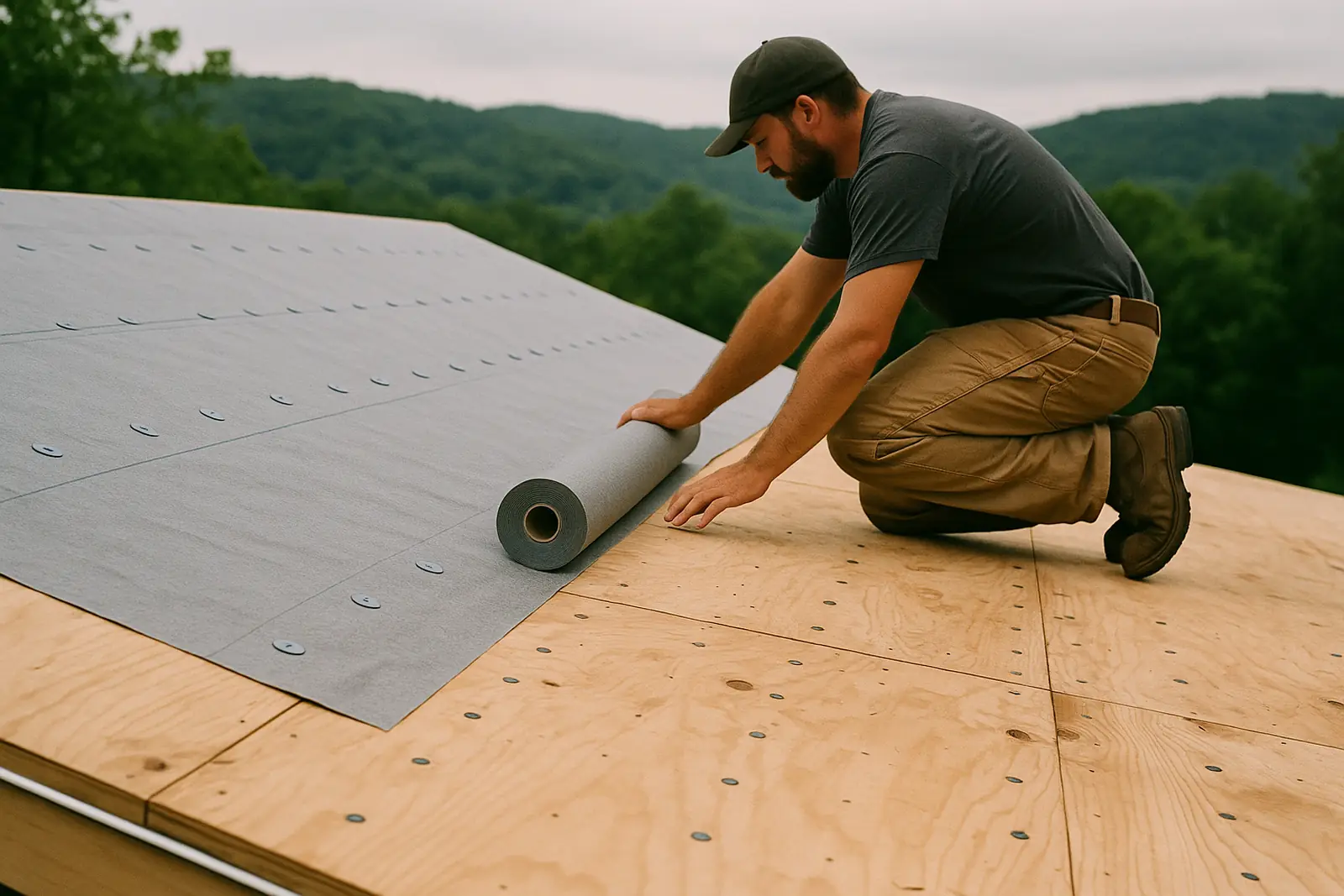 Synthetic underlayment rolled across plywood roof deck