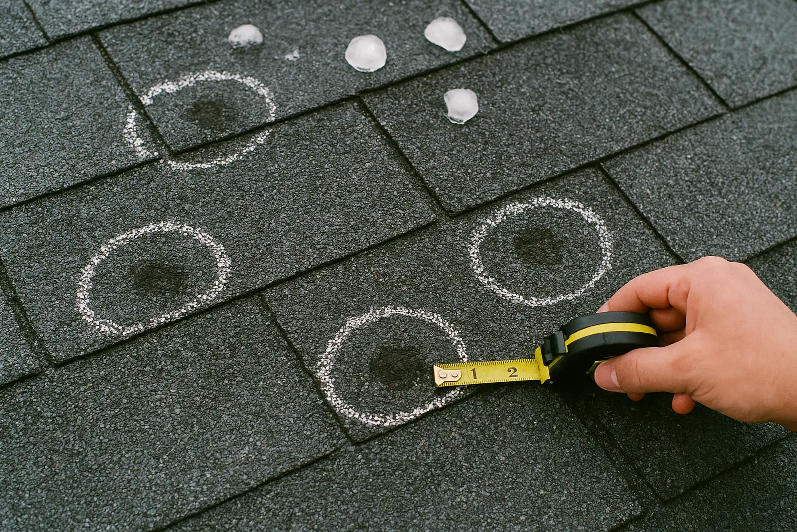 Hail damage on shingles marked with chalk circles, hailstones and a tape measure