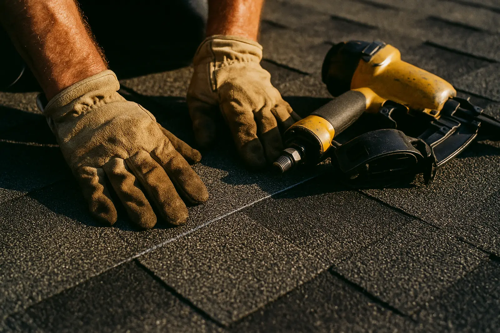 Gloved hands holding a shingle next to a nail gun