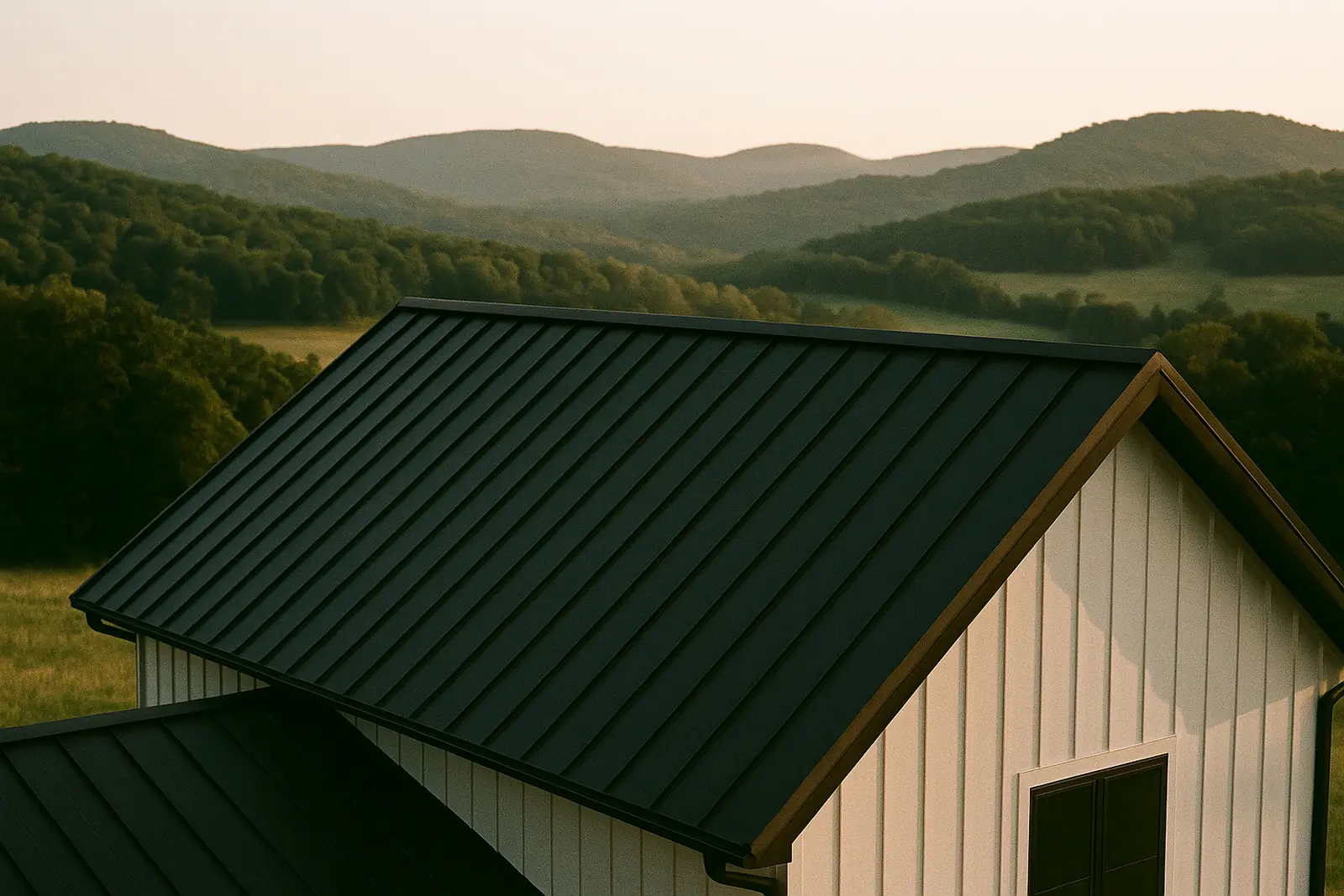 Dark standing seam metal roof on a farmhouse