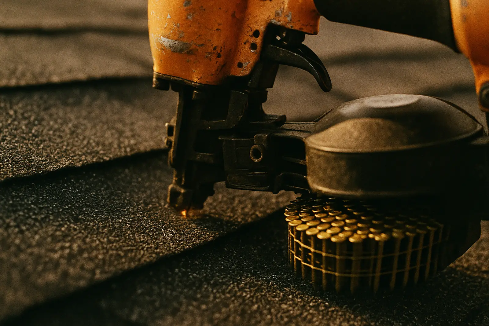Close view of a coil roofing nailer on shingles