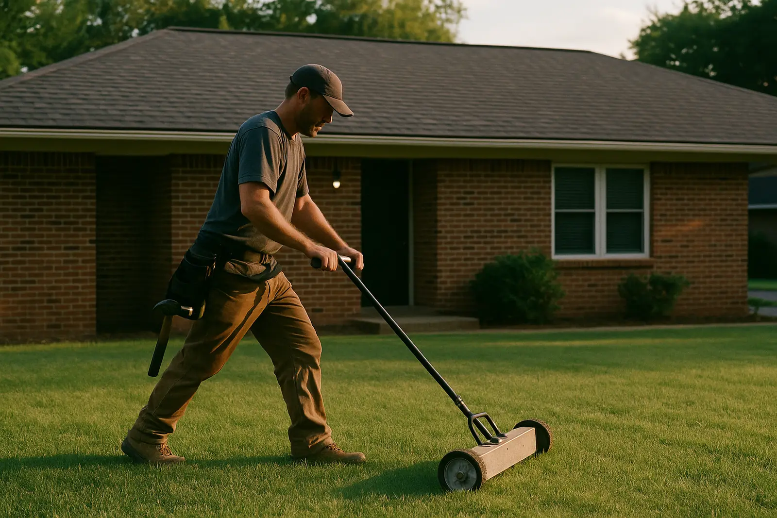 Magnetic nail sweeper rolling across a lawn