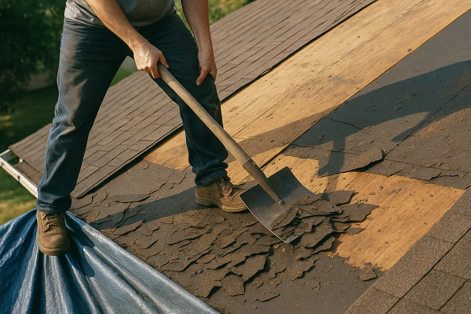 Tear-off shovel lifting old shingles off a roof deck