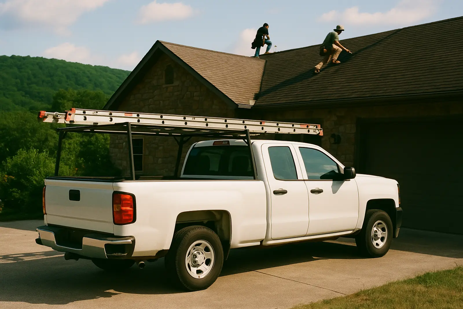 White work pickup with ladders parked at a job