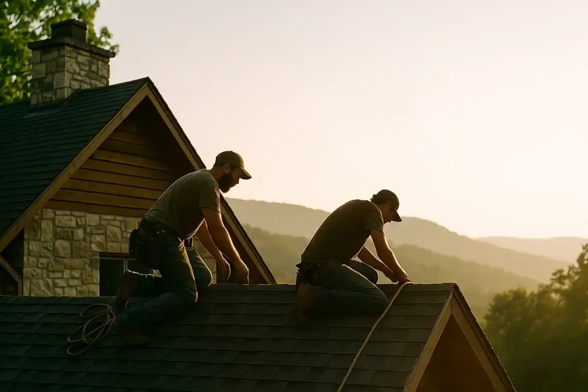 Two EHO roofers setting shingles on a stone and cedar home at golden hour, Ozark hills behind