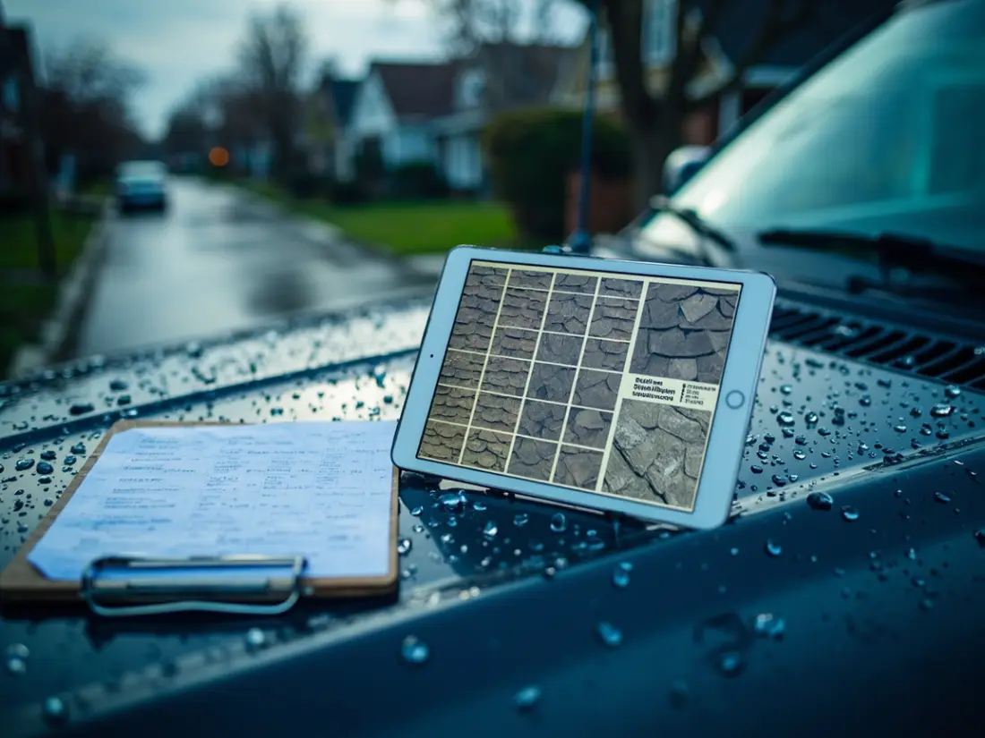A tablet showing a grid of roof damage photos next to an inspection checklist on a wet truck hood