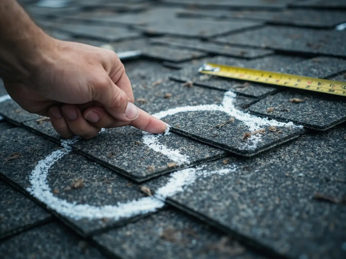 A gloved hand points to hail bruises circled in chalk on asphalt shingles, with a tape measure for scale